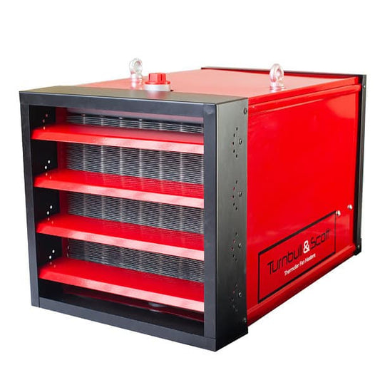 A red and black Thermolier steam-fed unit heater with horizontal airflow, designed for industrial space heating.