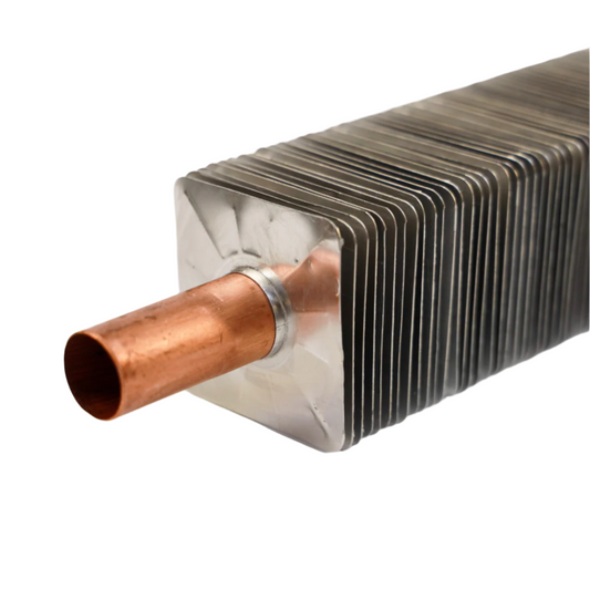 Metallic heat exchanger with copper tube on a white background