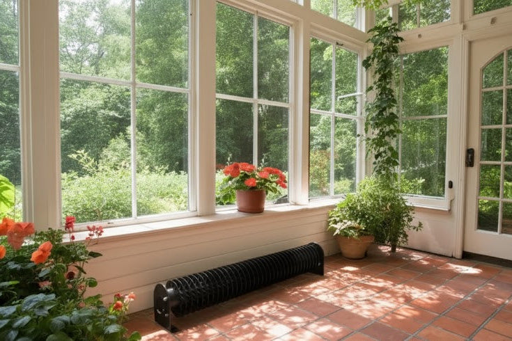 Sunroom with large windows, plants, and a radiator.