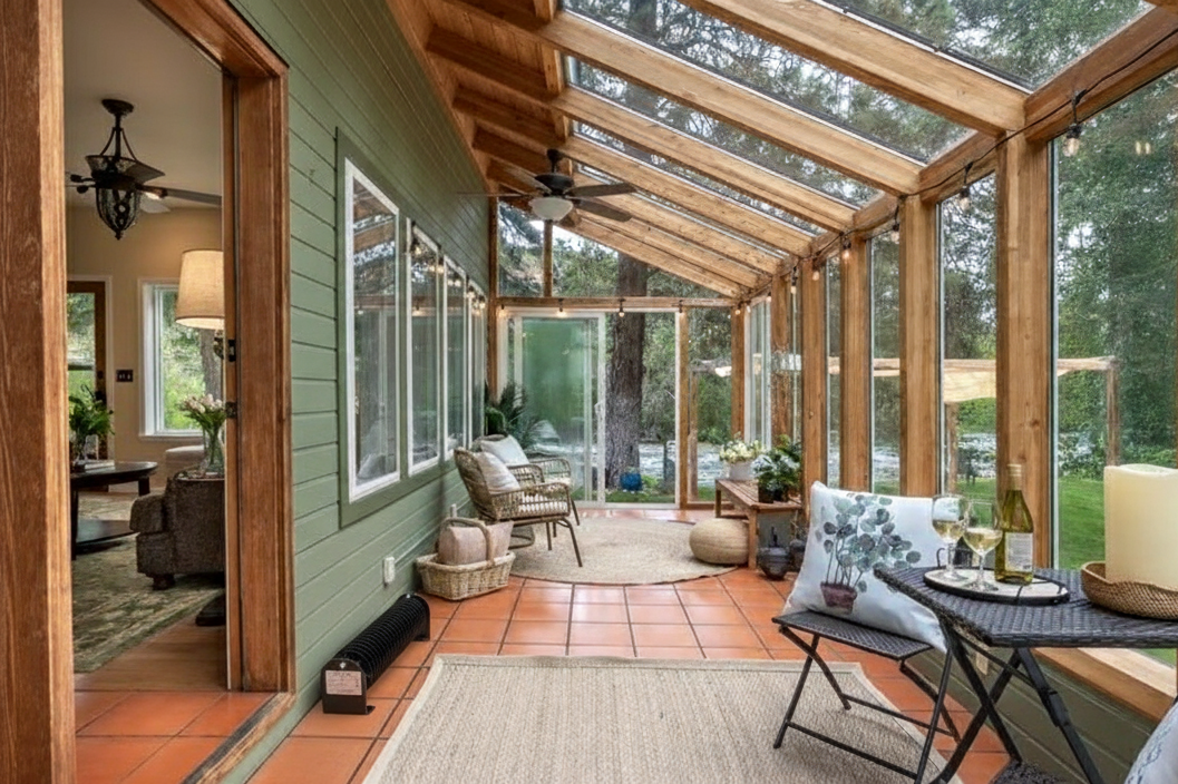 Sunroom with large windows, furniture, and a view of trees outside.